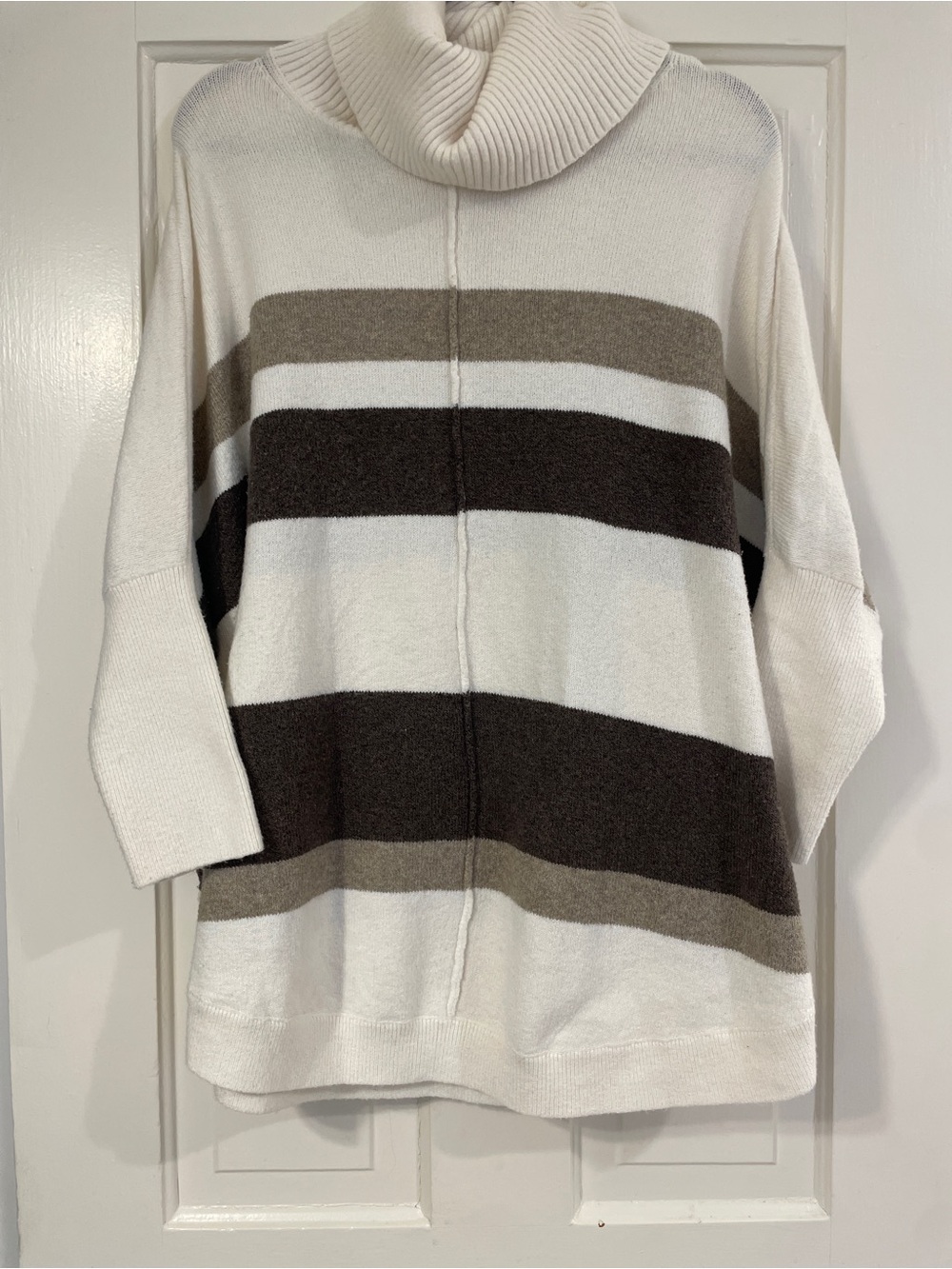 LOFT Cream, Brown and Taupe Striped Turtleneck Poncho-Style Sweater